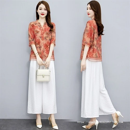 雅韵妈妈洋气天丝麻衬衫减龄套装夏季微胖时尚高端中年轻熟阔腿裤