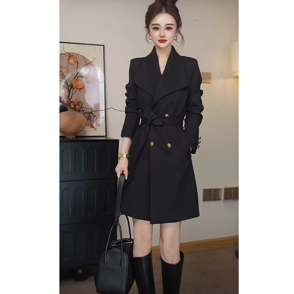 冬季新款时尚大领口风衣外套高级感收腰排扣风衣