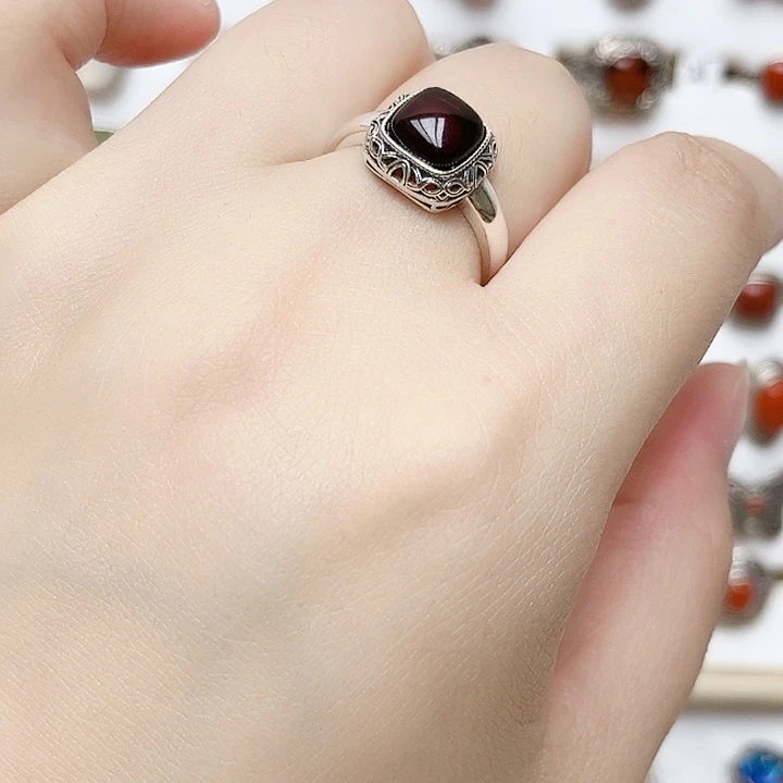 血珀银S925镶嵌戒指天然