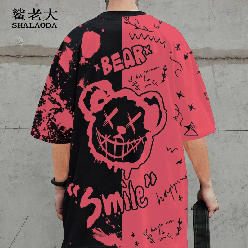 落肩短袖T恤男涂鸦小熊印花夏季薄款半袖oversize潮牌休闲体恤衫