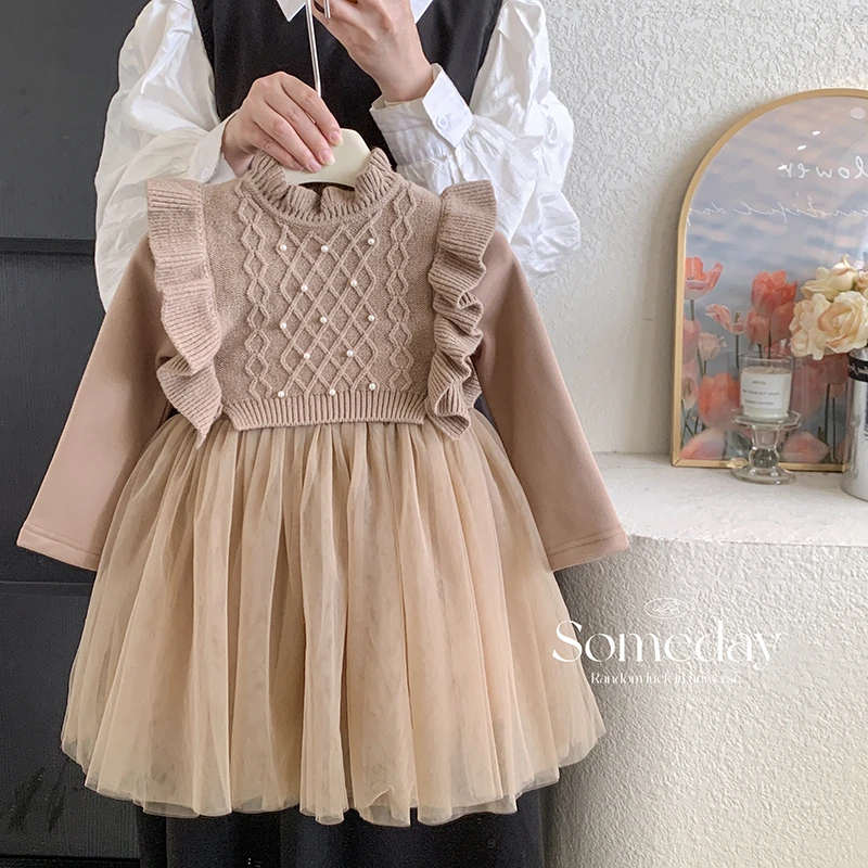 【本妈】“日落彩绘''女童针织马甲+加绒打底网纱连衣裙L6608 35