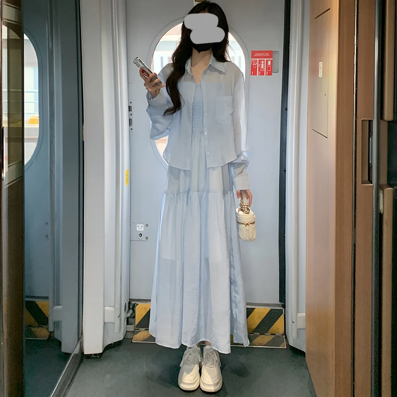 纯欲气质翻领长袖开衫衬衣女2025夏季新款内搭褶皱吊带连衣裙套装