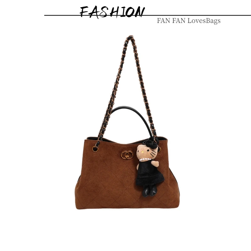 麂皮小香风链条通勤包菱格托特包大容量斜挎包洋气小众单肩包水桶