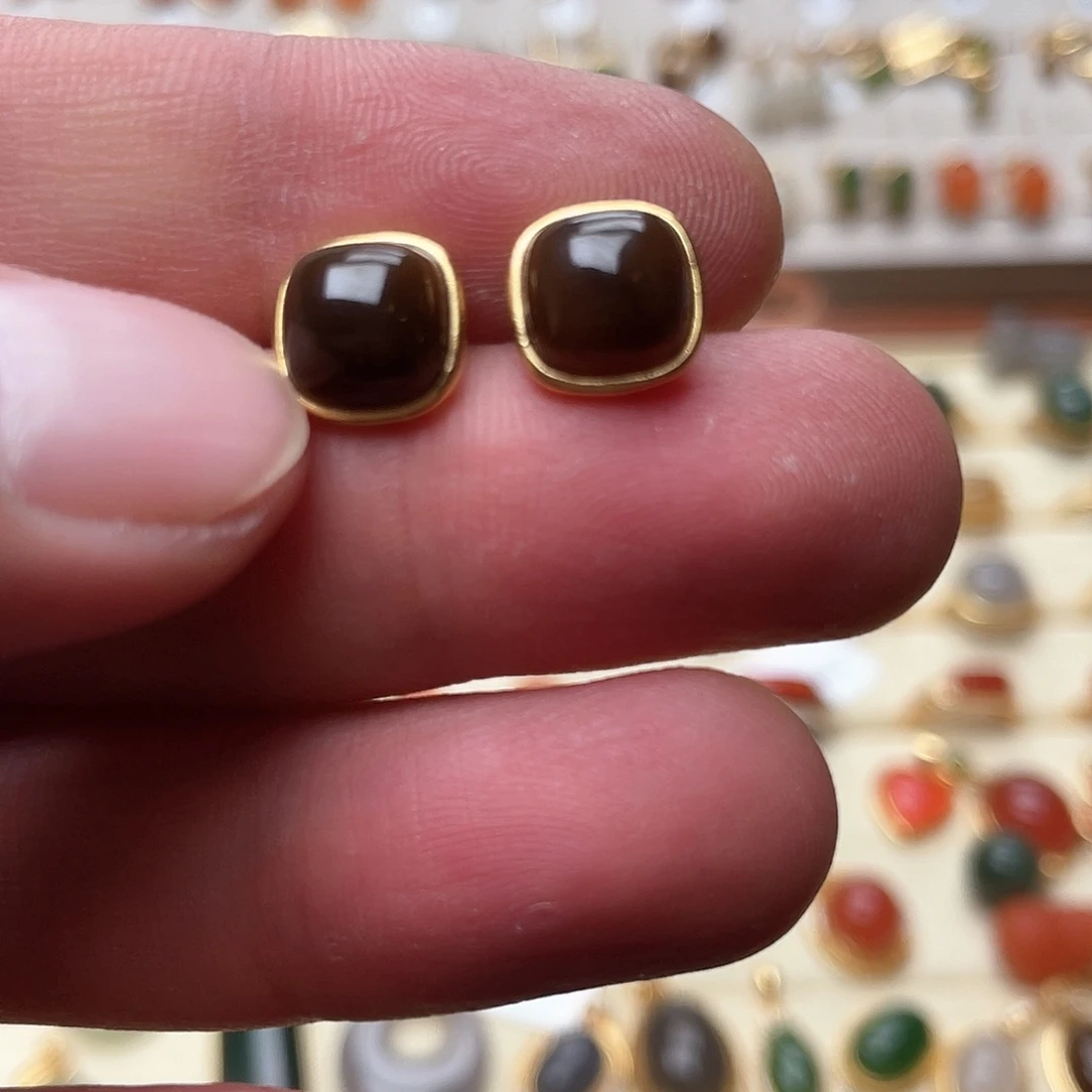 和田玉耳钉银S925镶嵌