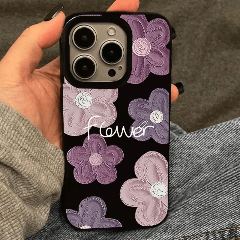 油画浅紫花朵适用苹果13ProMax手机壳iPhone15新款14大孔16plus软