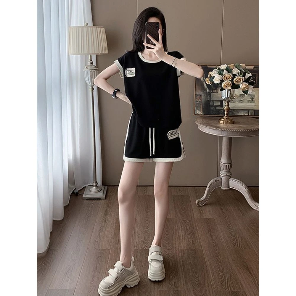 高含棉休闲运动服套装女2025年夏季新款小个子撞色短袖短裤两件套