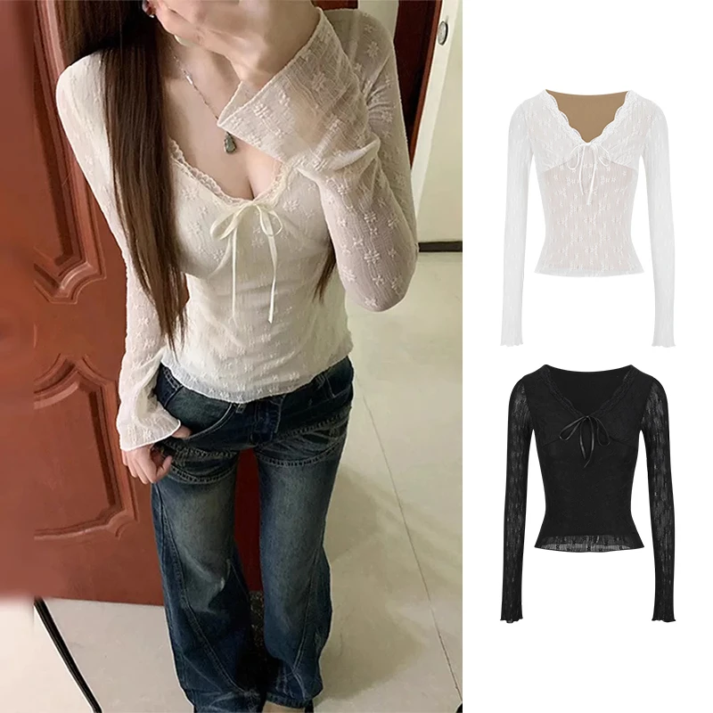 Moses Queen/魔西女王纯欲性感蝴蝶结V领蕾丝衫短款加绒长袖上衣