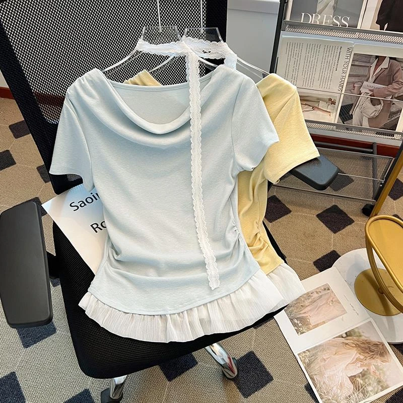 芭蕾风拼接修身短袖T恤女夏季新款穿搭法式飘带挂脖显瘦百搭上衣