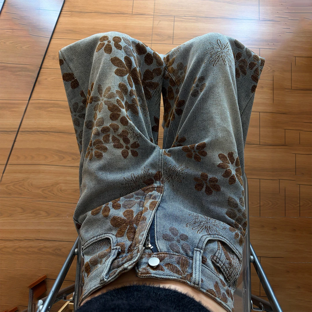 美式复古提花弯刀阔腿裤女冬季加绒大码胖mm高腰宽松显瘦牛仔长裤