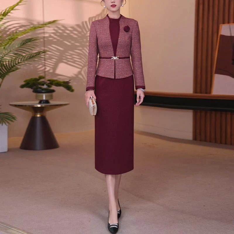 冬季羊毛裙酒红色连衣裙显瘦轻奢优雅气质春秋打夏季学生党连衣裙