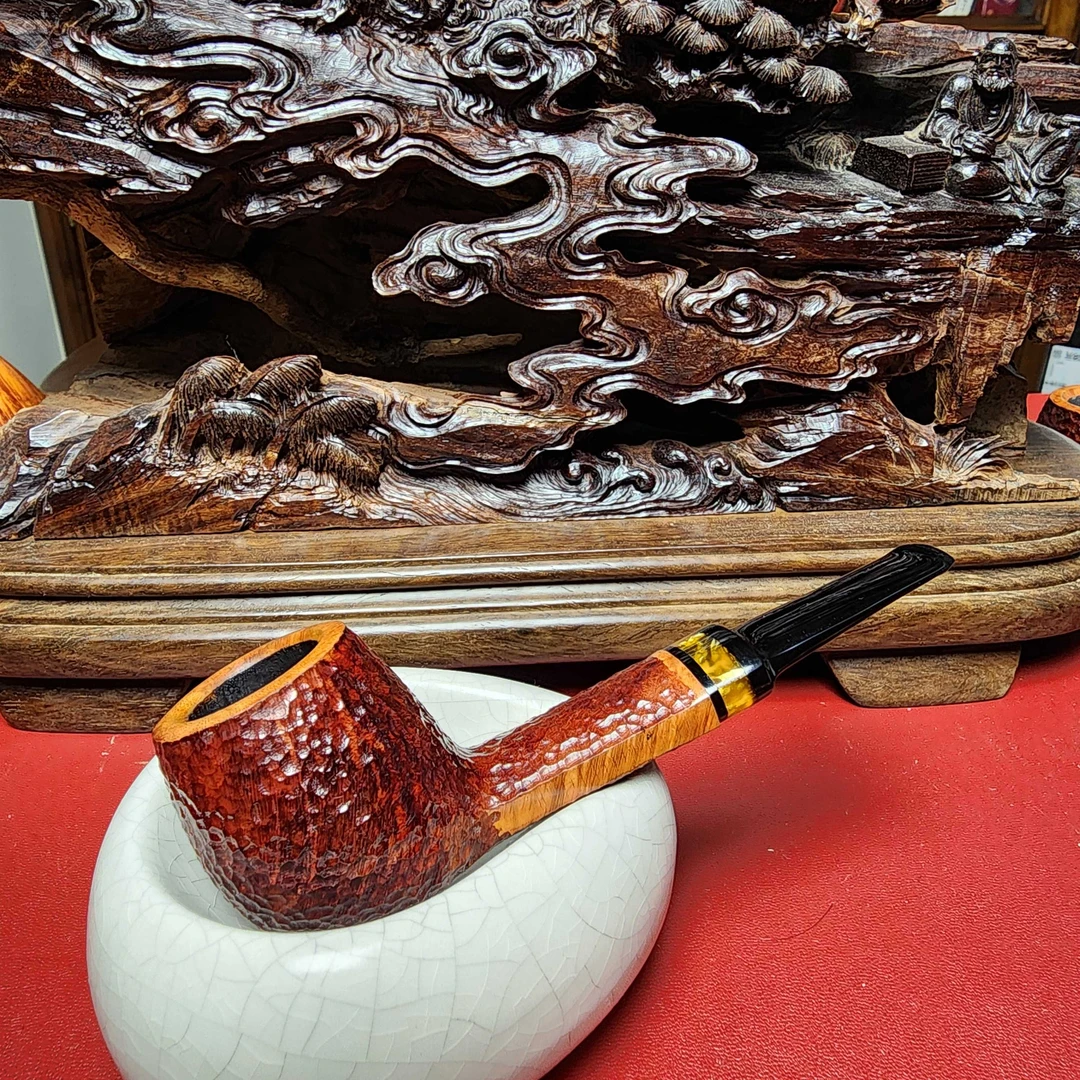 DENG PIPE 手工制作，棕色雕刻小撞球石楠木烟斗3mm烟道