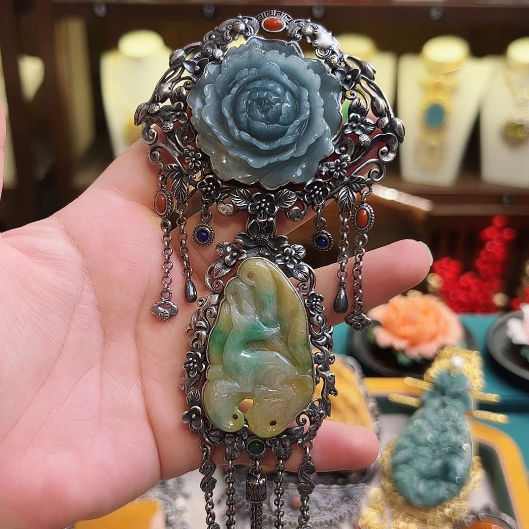 翡翠颈饰银S925镶嵌古风