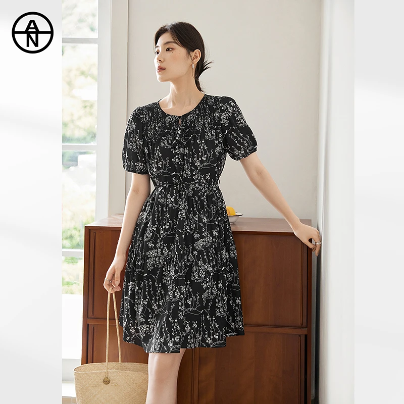 【强哥专属】AN大码女装复古泡泡袖碎花连衣裙夏季胖mm收腰显瘦中裙