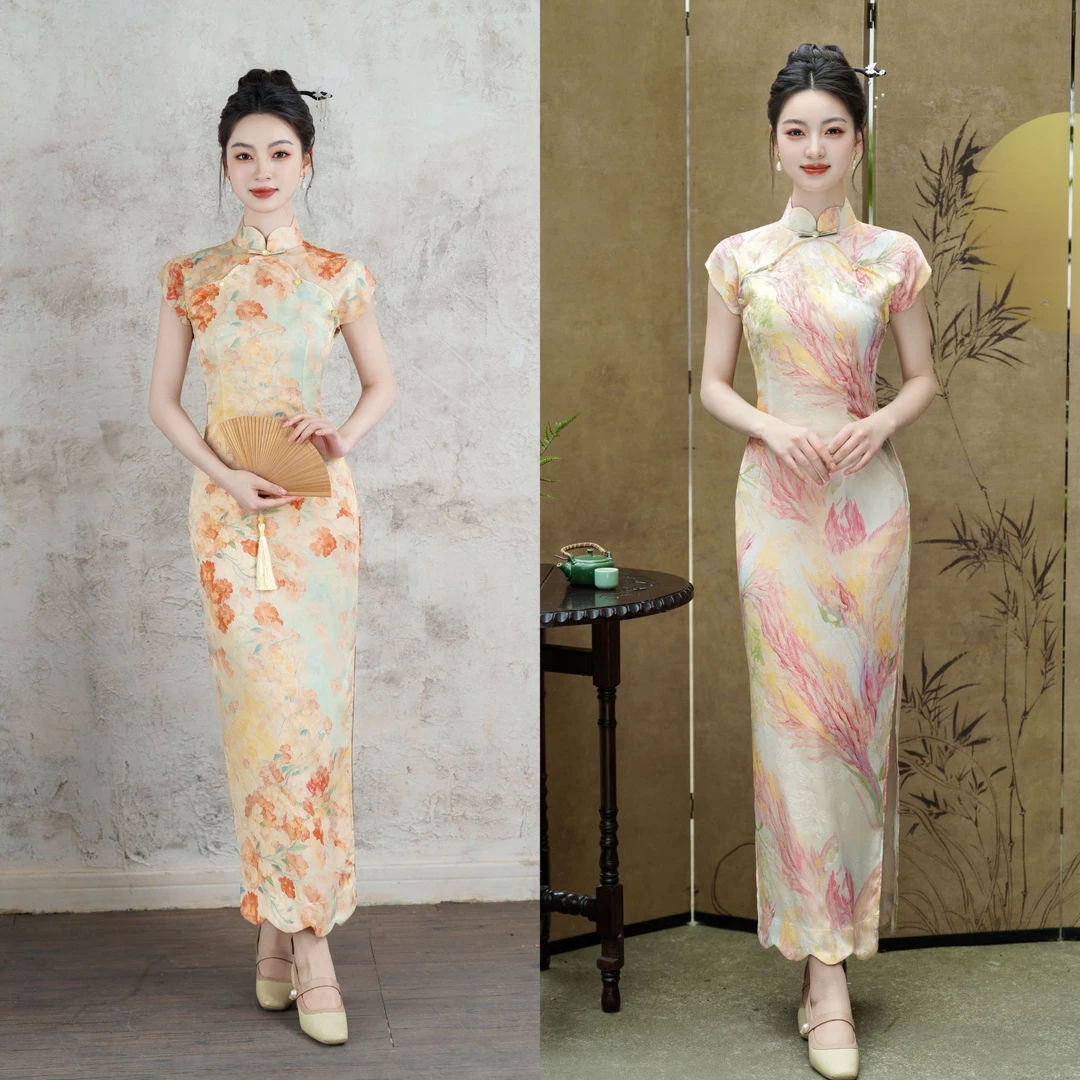 【风清余】2025夏季新款提花印花中国风改良款双色旗袍 衣长130