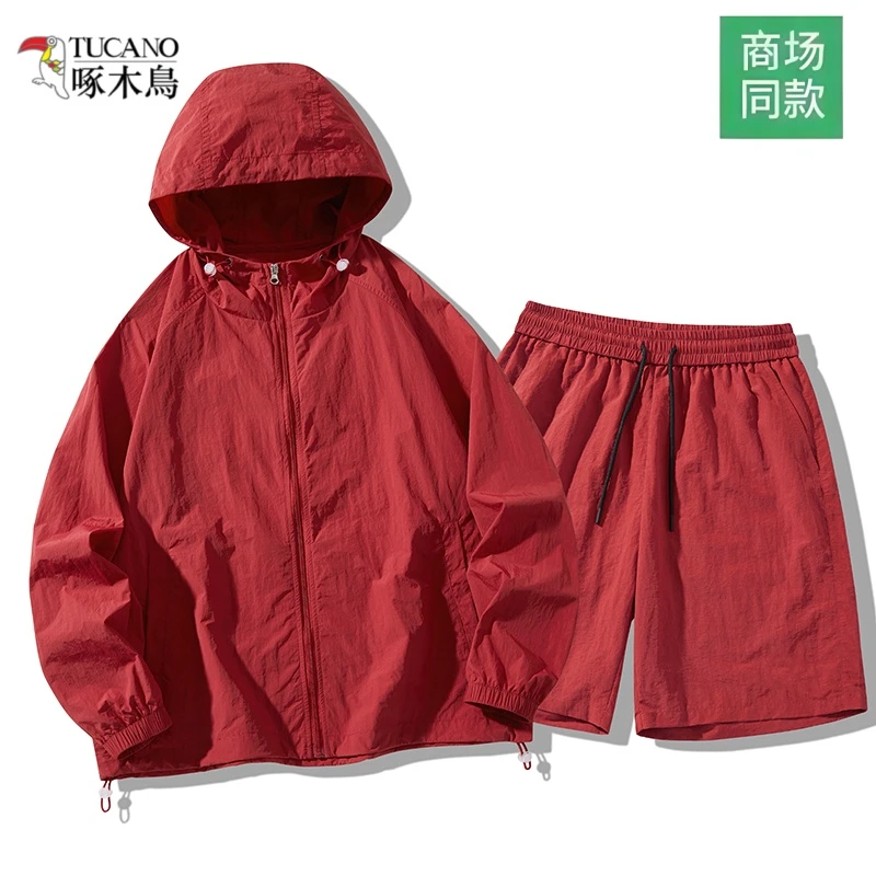 啄木鸟夏季薄款宽松防紫外线两件套防晒运动套装情侣透气连帽套装