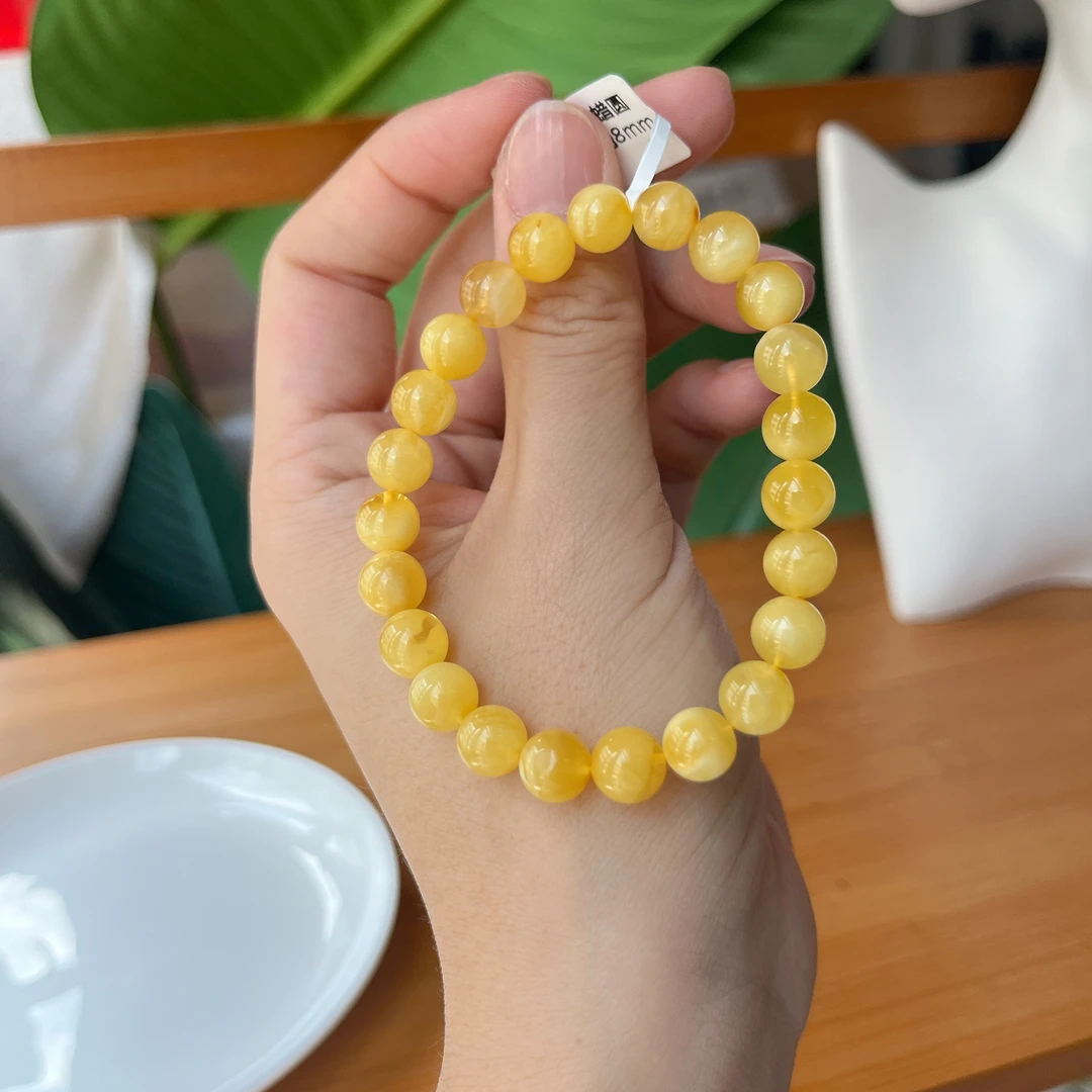 【郭老师】约8mm7g金绞白花蜜蜡圆珠单圈手串