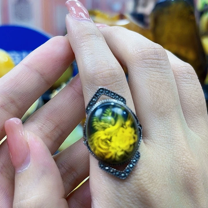 源***祥琥珀银S925镶嵌颈饰戒指