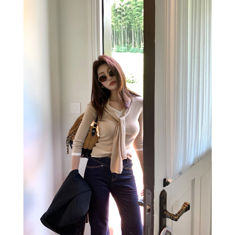 【ALONE SAVOR】龍喜儿层叠时光 早秋绕脖飘带V领羊毛针织衫M064