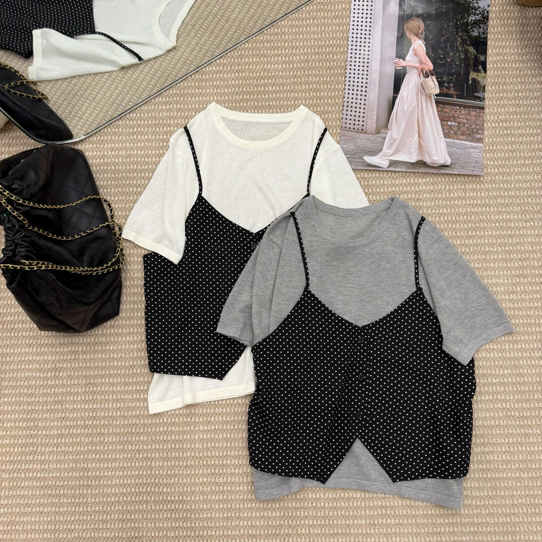假两件波点吊带冰麻针织短袖