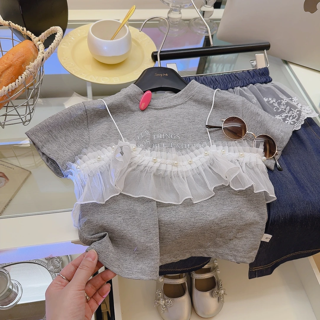 下单立送花边新款儿童时尚印花百搭休闲短袖洋气夏季T恤