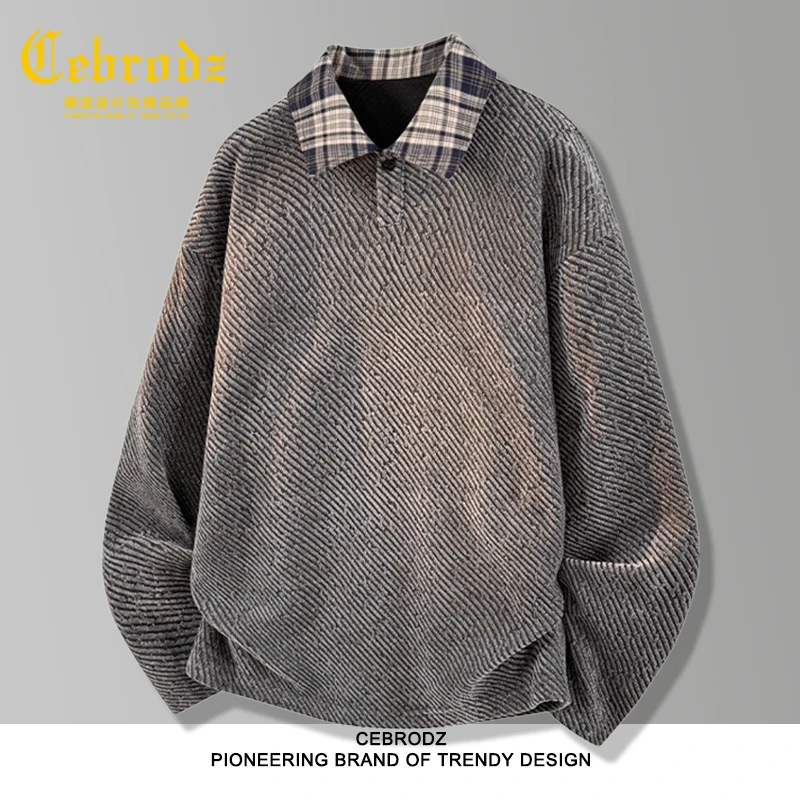 法国Cebrodz美式男士粗条纹卫衣秋季装格子上衣冬季秋冬长袖男士