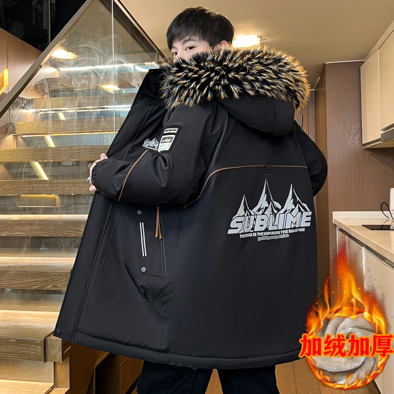 男士外套冬季中长款加绒保暖上衣服连帽大毛领潮流休闲工装棉服男