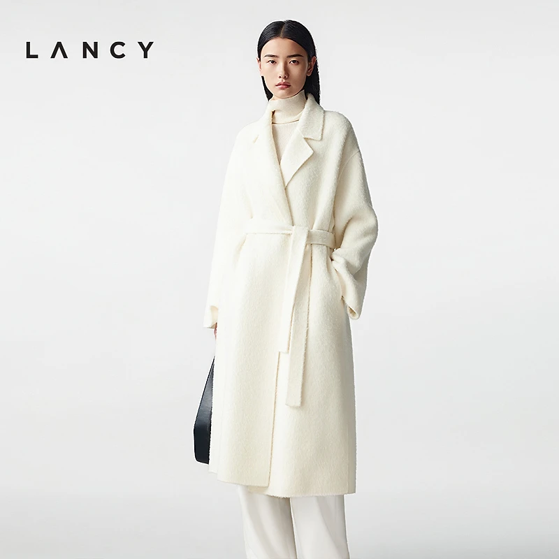 LANCY/朗姿2025冬新款气质羊毛羊驼毛双面呢长大衣翻领毛呢外套女