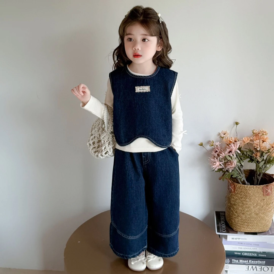女童套装2025秋季新款女宝时尚个性牛仔马甲阔腿裤秋装休闲三件套
