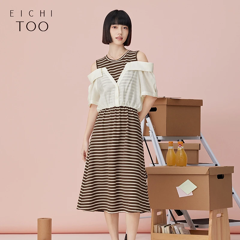 A爱居兔夏季拼接设计感假两件短袖连衣裙EQLBJ2P032A