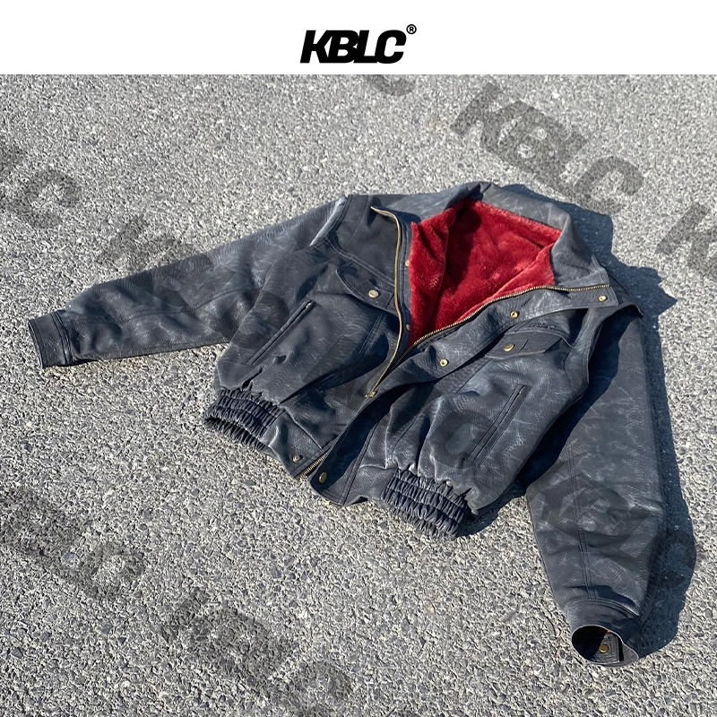 KBLC【蛇年限定】座山雕外套毛领解构设计洗水PU皮加绒加厚夹克