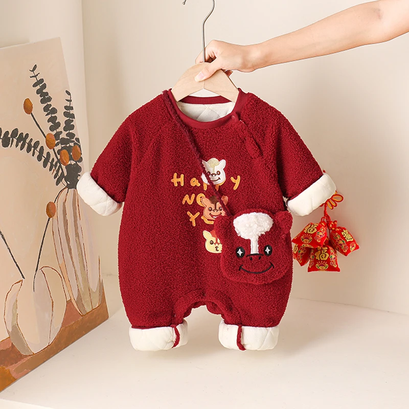 婴儿衣服冬装拜年服新生宝宝夹棉连体哈衣百天周岁过年外出新年装