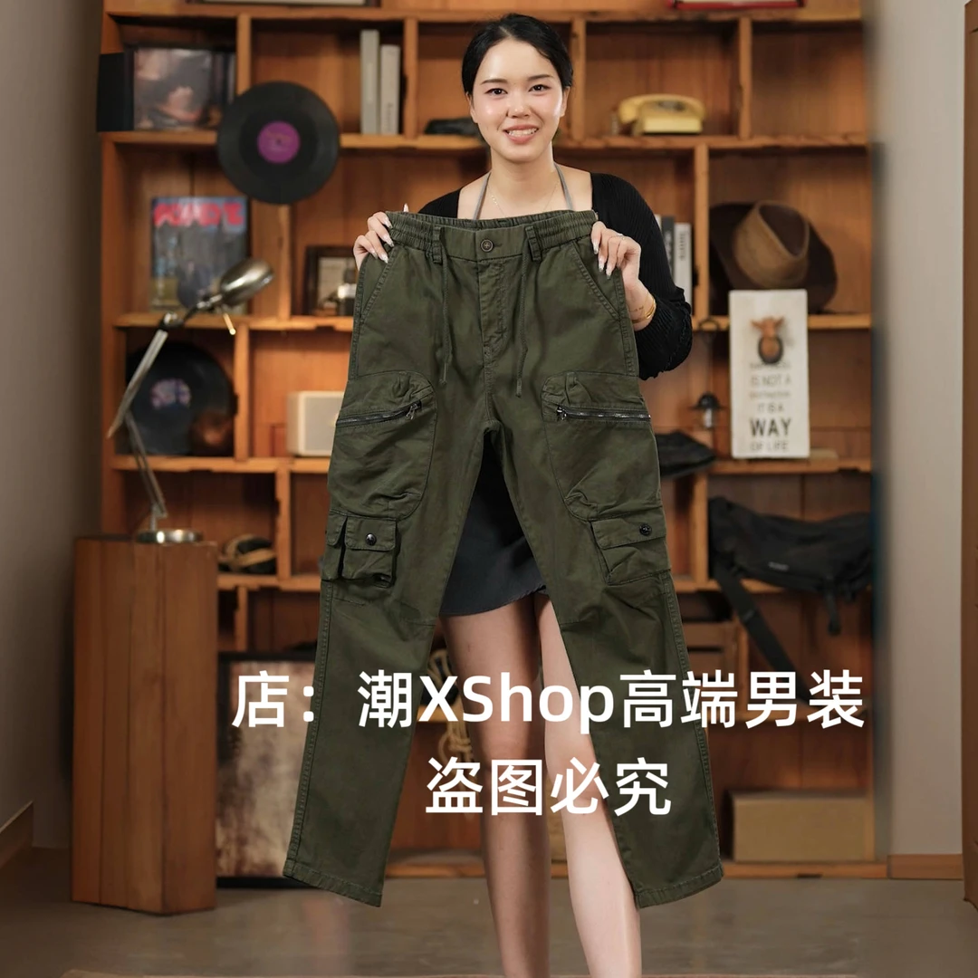 潮X秋冬季原创高端复古军绿色多口袋男士休闲工装裤宽松直筒户外