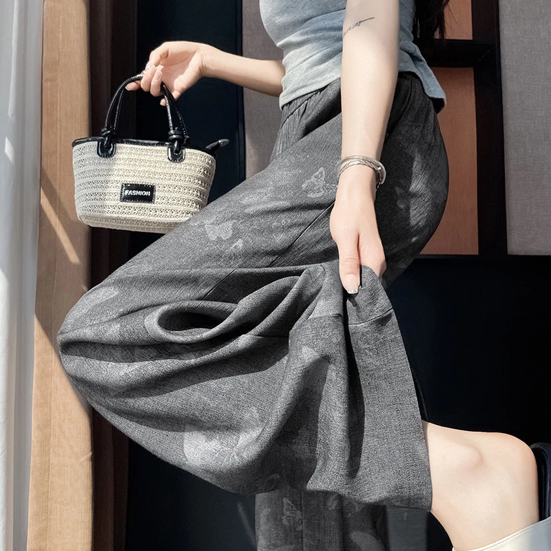 复古印花休闲阔腿裤女2025夏季新款高腰宽松垂感直筒裤 HL-838