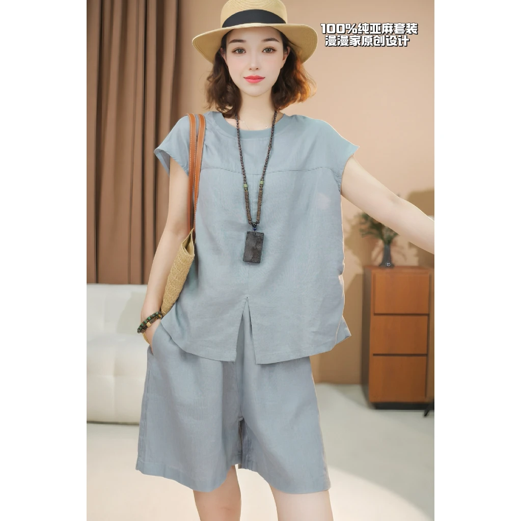 漫漫家100%纯亚麻套装夏季时尚潮流圆领百搭下摆开叉短袖