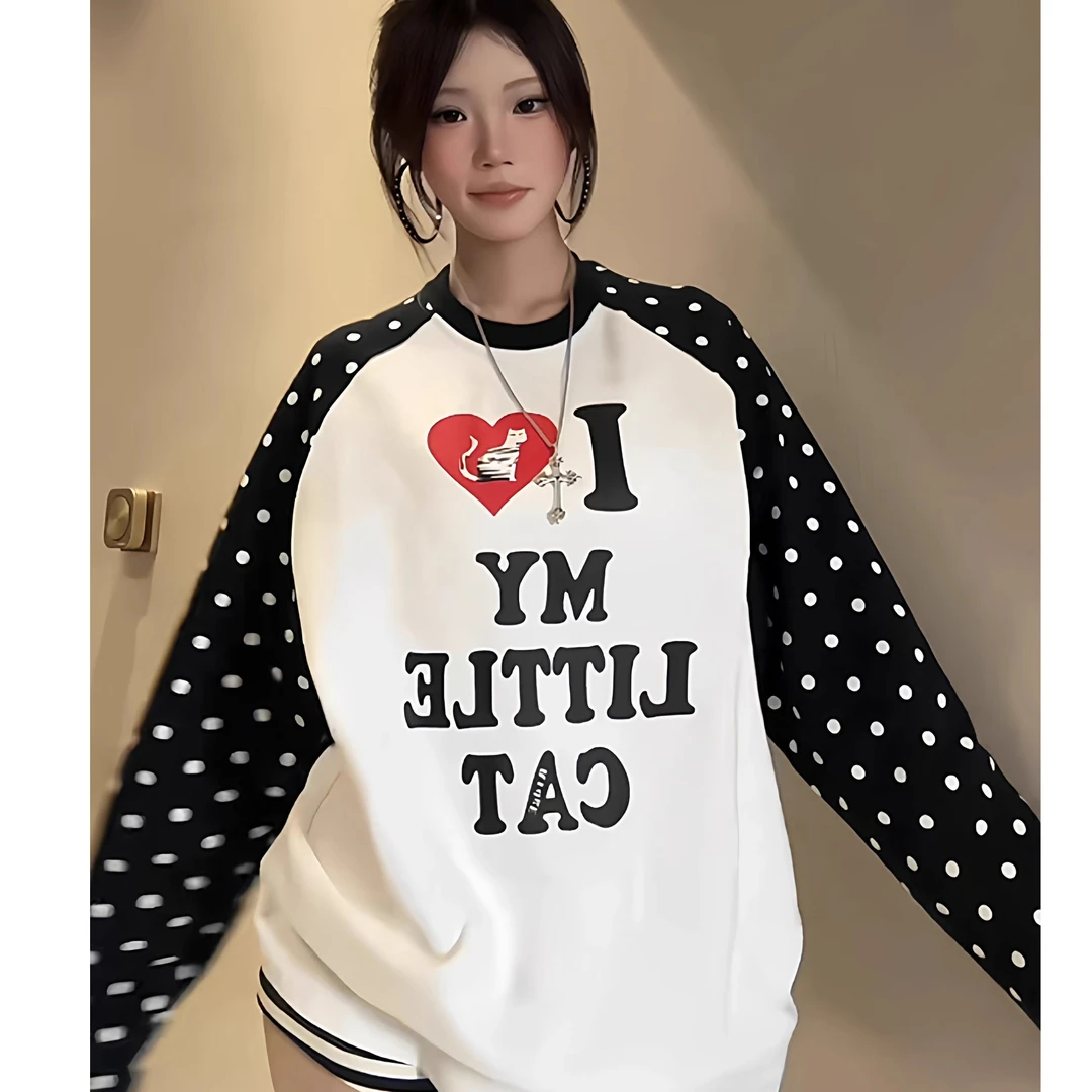 美式撞色波点小猫长袖t恤女秋宽松显瘦休闲拼色百搭慵懒上衣
