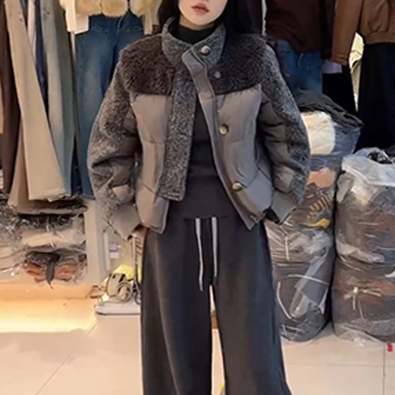 2025冬季简约风设计感长袖棉服女潮流小众洋气慵懒风显瘦拼色衣服