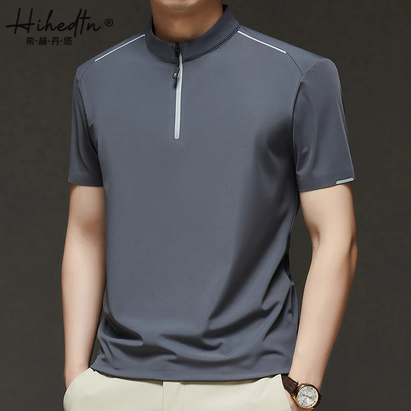 HIHEDTN/希赫丹塔男士短袖t恤立领夏季薄款冰丝POLO衫男士宽松