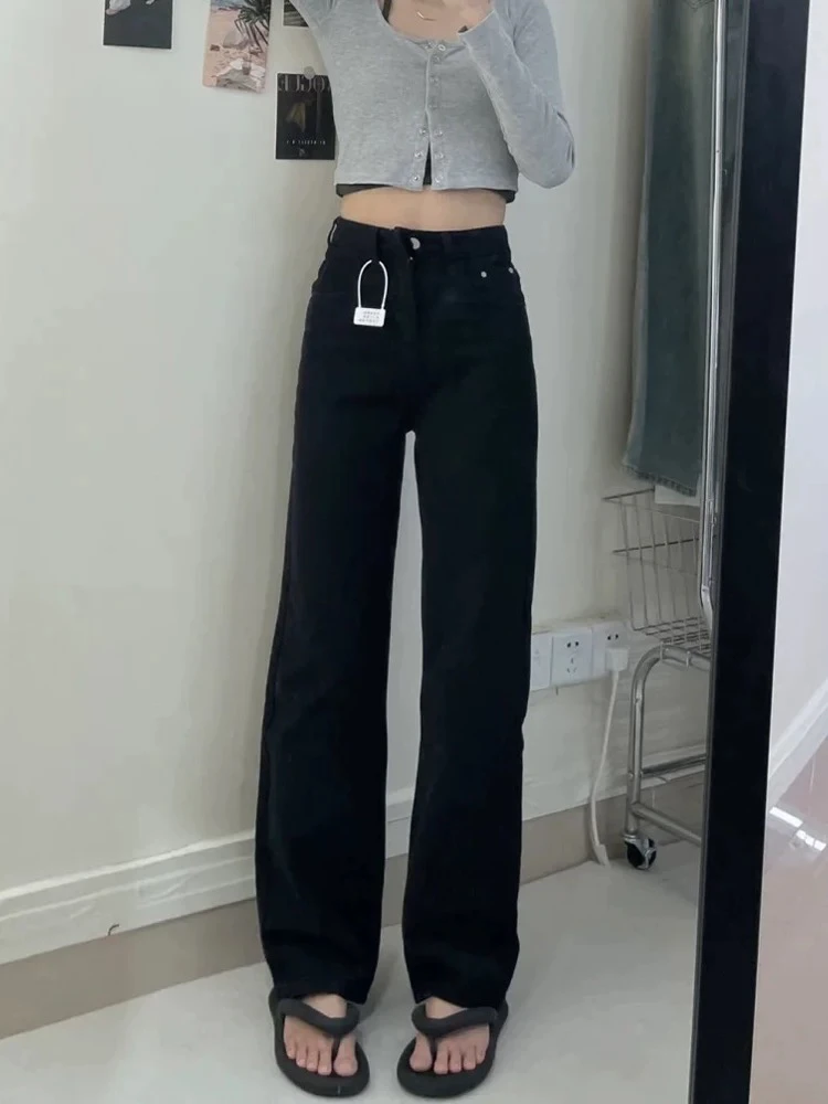 黑色新款洋气直筒牛仔裤女高腰宽松显瘦适合拖地女装阔腿裤秋季