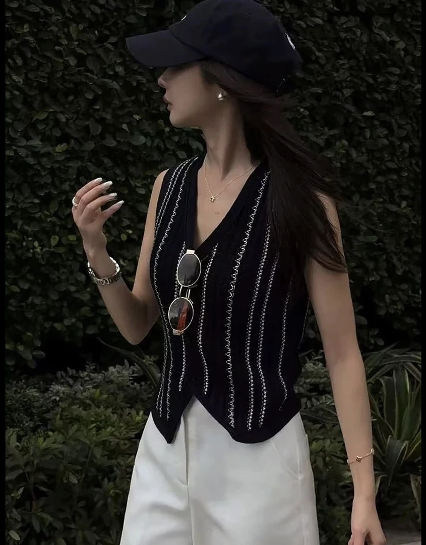 XiANJiE 小香风条纹冰丝针织衫背心女显瘦外穿夏季开衫T恤上衣