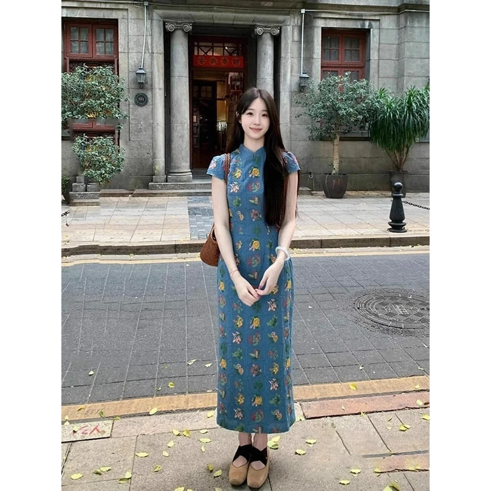 【花朝】新中式碎花刺绣改良旗袍女2025夏季直筒显瘦气质连衣裙子