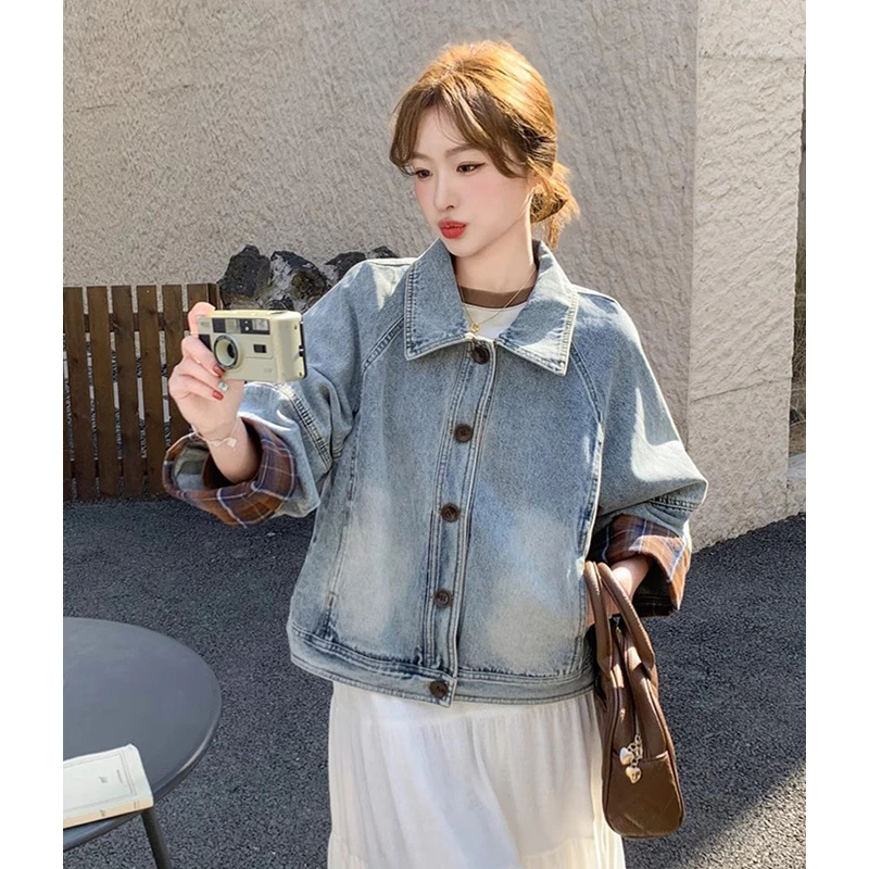 格子拼接翻领牛仔外套女春秋2025新款今年流行超火韩系短款上衣