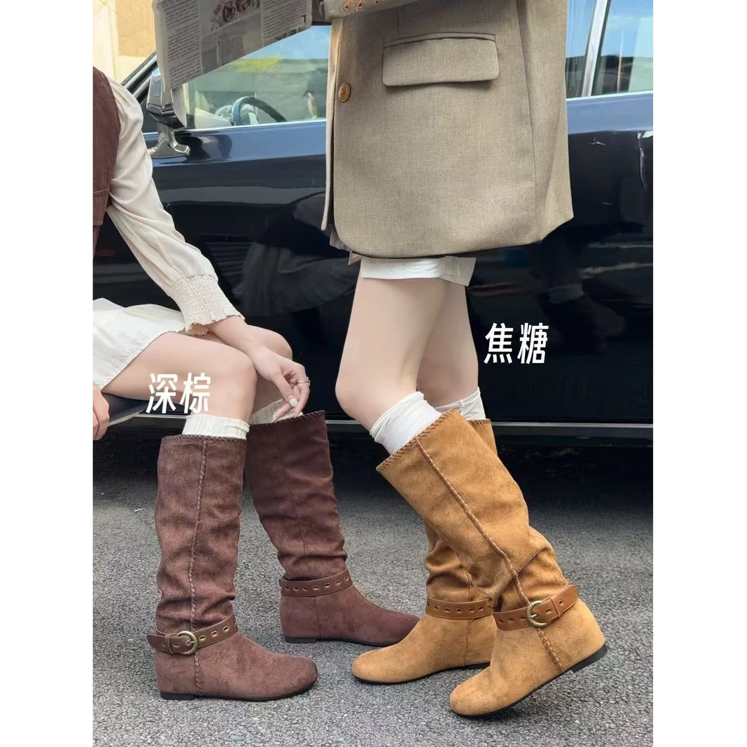 厚底靴女新款复古显瘦马丁套筒时装长靴95-8162（不加绒）