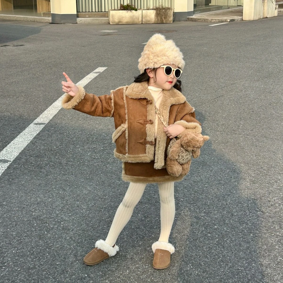 女童冬天单排扣加绒冬季纯色一体绒外套短裙秋冬款套装女宝加厚