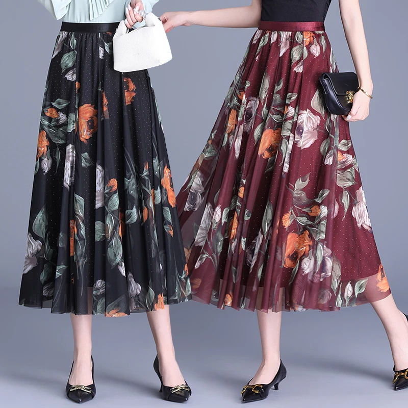 高腰印花烫钻网纱半身裙2025春新款a字长裙时尚妈妈款网纱大摆裙