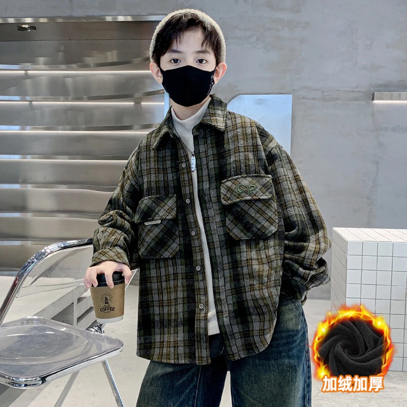 【高品质】男童秋冬款加绒外套2025秋季新款中大童儿童格子呢大衣潮