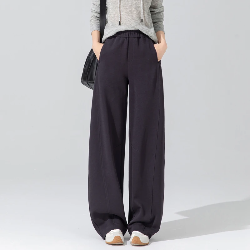弯刀裤女2025新款秋季紫色休闲阔腿裤松紧腰羊毛运动裤设计感卫裤