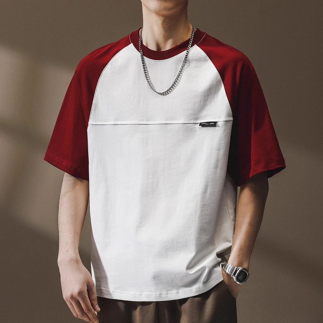 字母印花圆领短袖体恤高端潮牌休闲拼接撞色男士2025夏季新款T恤