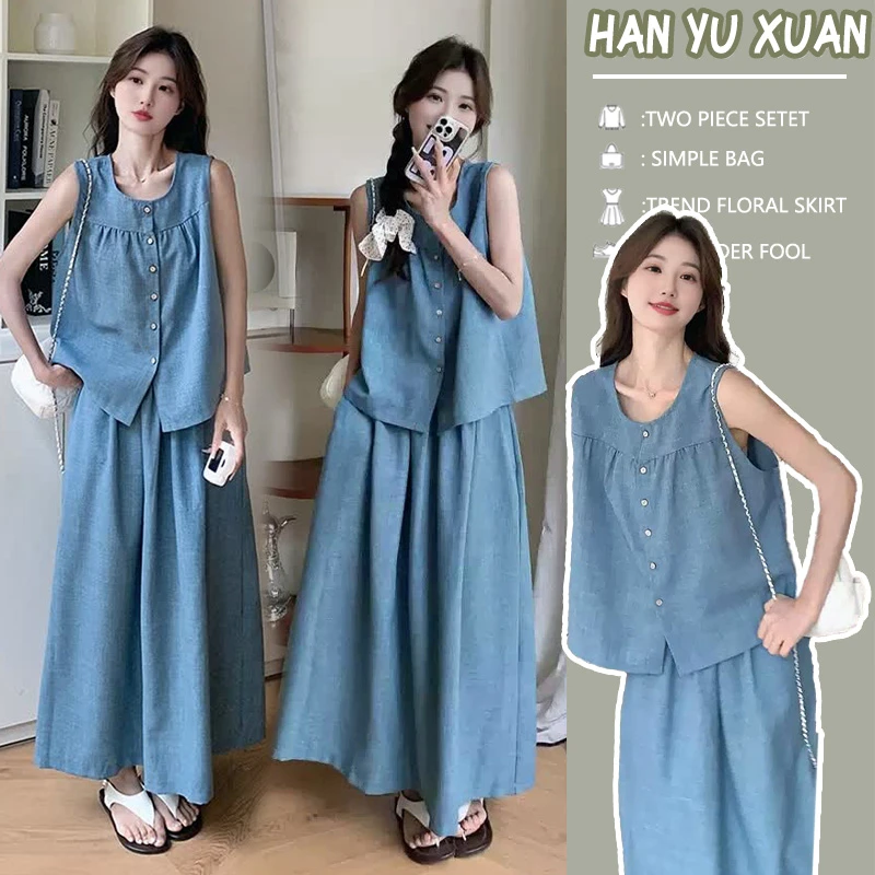 { 糕糕 }孕妇2025气质小众无袖背心苎麻上衣宽松半身裙慵懒风套装