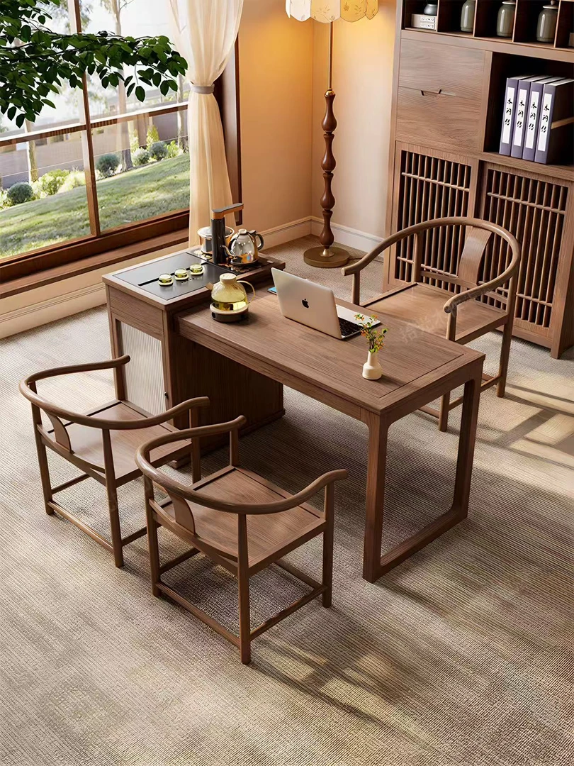 白蜡木胡桃色伸缩岛台茶台茶室阳台茶几茶桌椅组合新中式家用实木