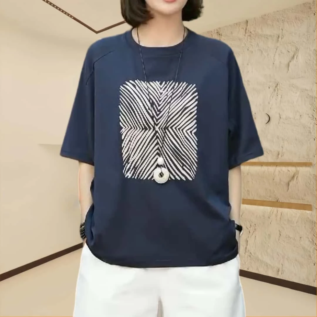 夏季宽松圆领印花短袖T恤女2025新款显瘦百搭洋气嬉皮部落风